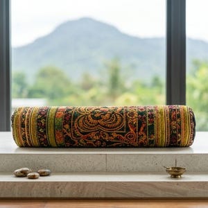 May include: A cylindrical bolster pillow featuring a dark green, orange, and yellow patterned fabric with intricate floral and geometric motifs. The pillow is positioned horizontally, accompanied by three small smooth stones and a brass incense burner.