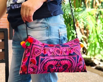 Hmong Embroidery Shoulder Bag with Bird and Flower Pattern, Classic Color, Shade Of Mauve