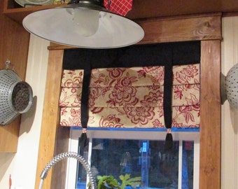 MOCK ROMAN SHADE Hidden Rod Pocket Valance with ties, fits 43"- 60" window, stationary hobbled shade, Your fabrics, my labor and lining