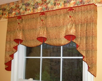 Hidden Rod Pocket Valance with jabots BUNNY NO EARS fits 45"- 64" window, Custom Valance, Your fabrics my labor and lining