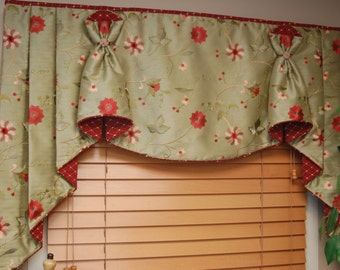 Custom Valance Hidden Rod Pocket with jabots BUNNY NO EARS fits 65"- 86" window, Made to order using your fabrics, my labor and lining