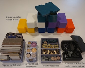May include: A set of 3D printed storage boxes for a board game. The boxes are stacked in a tower and are colored yellow, white, blue, purple, and orange. There are also four trays for storing game components, including cards, dials, coins, tokens, and resources. The trays are made of a light blue plastic.