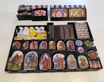 May include: A black 3D printed organizer for a board game. The organizer has compartments for different sized game pieces, including cards, tokens, and dice. The organizer is designed to fit the game "City of the Big Shoulders".