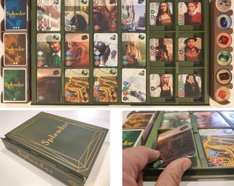 May include: A green and gold box with the word "Splendor" printed on the front. The box is open and reveals a game board with cards and tokens. The game board is made of wood and has a green felt surface. The cards are colorful and have images of people, buildings, and jewels. The tokens are made of plastic and are in different colors.