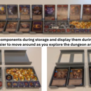 May include: A gray plastic board game organizer set featuring modular trays for cards and tokens. The top image shows the trays arranged in a row with game components, while the bottom images show empty trays and trays filled with game pieces.