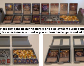 May include: A gray plastic board game organizer set featuring modular trays for cards and tokens. The top image shows the trays arranged in a row with game components, while the bottom images show empty trays and trays filled with game pieces.