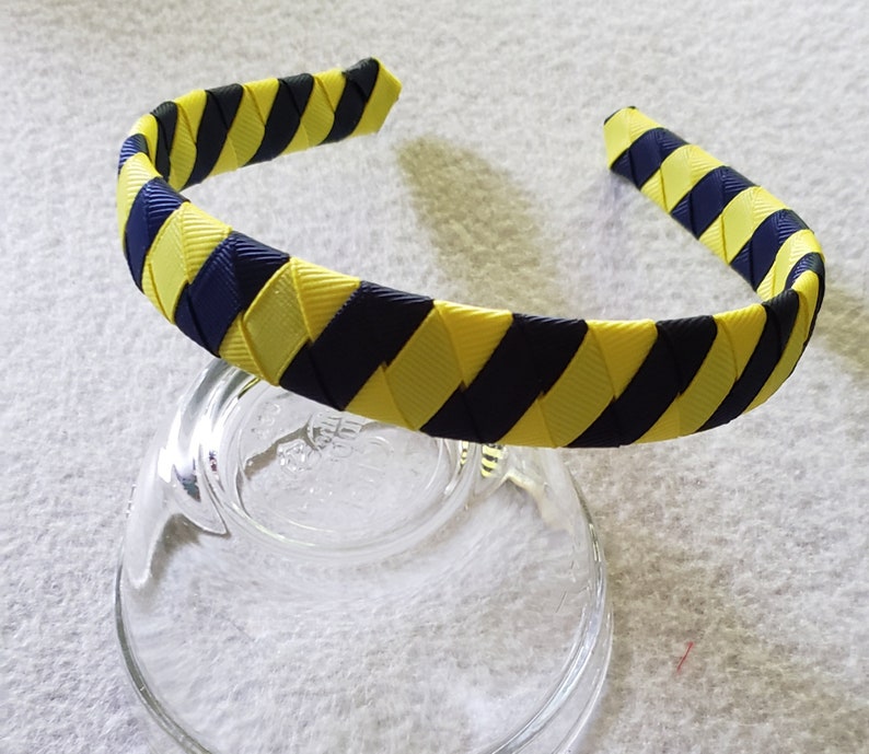 Navy blue and yellow ribbon woven stripe headband University of Michigan colors image 1