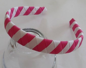 Hot pink and white striped grosgrain ribbon woven headband party school girl headband spring summer