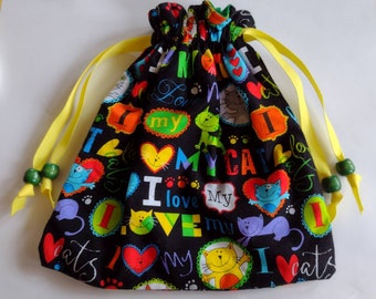 Drawstring bag I Love My Cat made and lined with cotton fabric grosgrain ribbon and beads jewelry toys pet supplies ready to ship