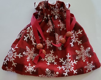 Red/ burgundy snowflakes cotton fabric drawstring bag/pouch gift bag lined eco friendly