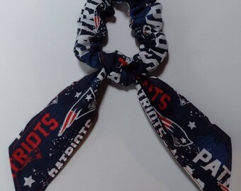 New England Patriots cotton scrunchie with scarf hair tie bun holder scarf can be removed each side of scarf is 6" long