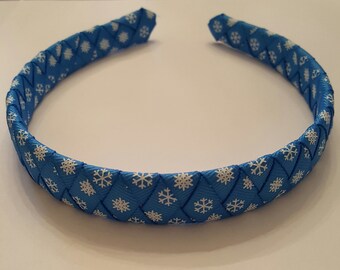 Woven Ribbon Headband-Blue w/snowflakes winter headband holidays headband Christmas headband braided headband