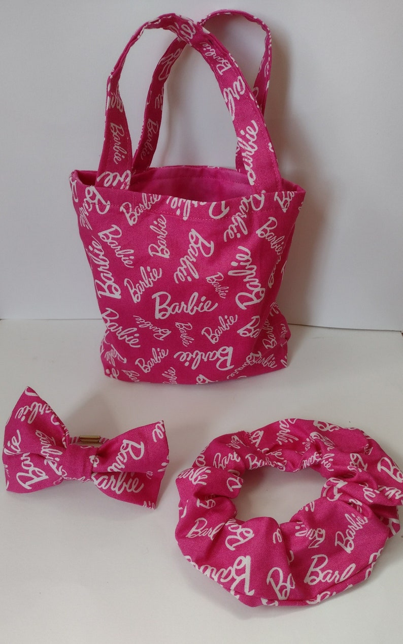 Barbie small lined tote bag and matching scrunchie and bow gift hair accessories image 1