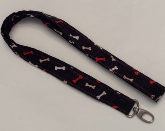 Lanyard made of cotton fabric black with dog bones use for keys, badge and name tag holder and USB drive ready to ship