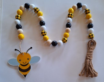 Bead garland in black yellow and stripes wood beads on twine with wood bumble bee (not hand painted) home decor