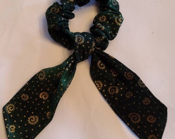 Christmas holiday dark green with gold cotton fabric scrunchie with scarf ponytail holder bun holder gift hair tie