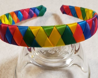 Satin rainbow colored ribbon woven headband gay pride colors