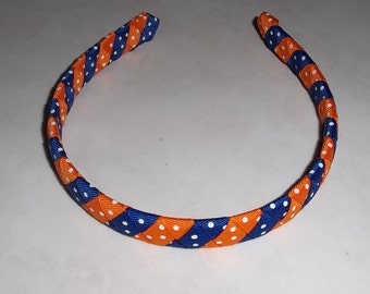 Orange and blue dotted ribbon woven sports headband; University of Fla colors headband; Florida Gators headband college team ready to ship