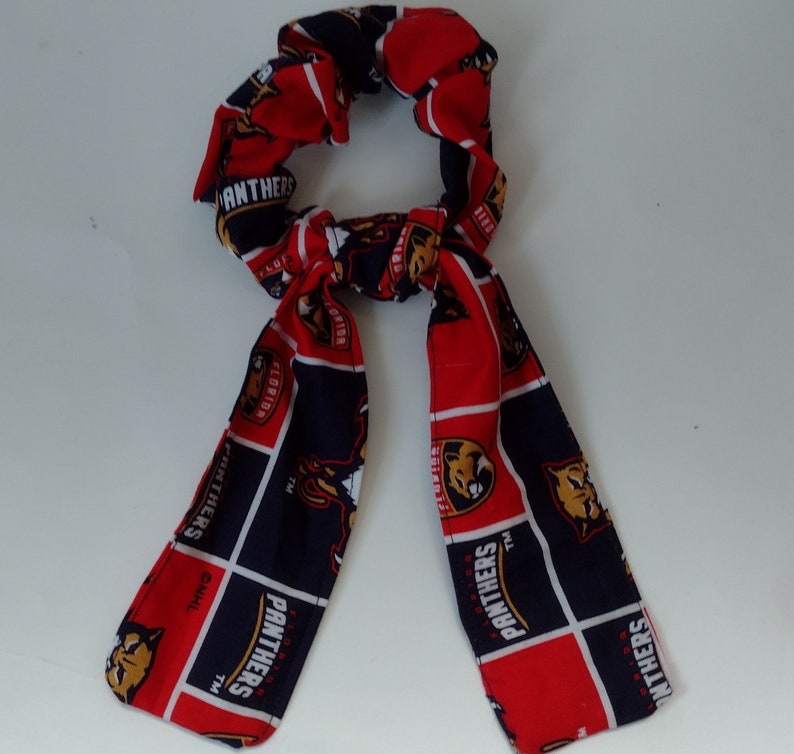 Florida Panthers hockey cotton fabric scrunchie with scarf ready to ship hair tie elastic image 1