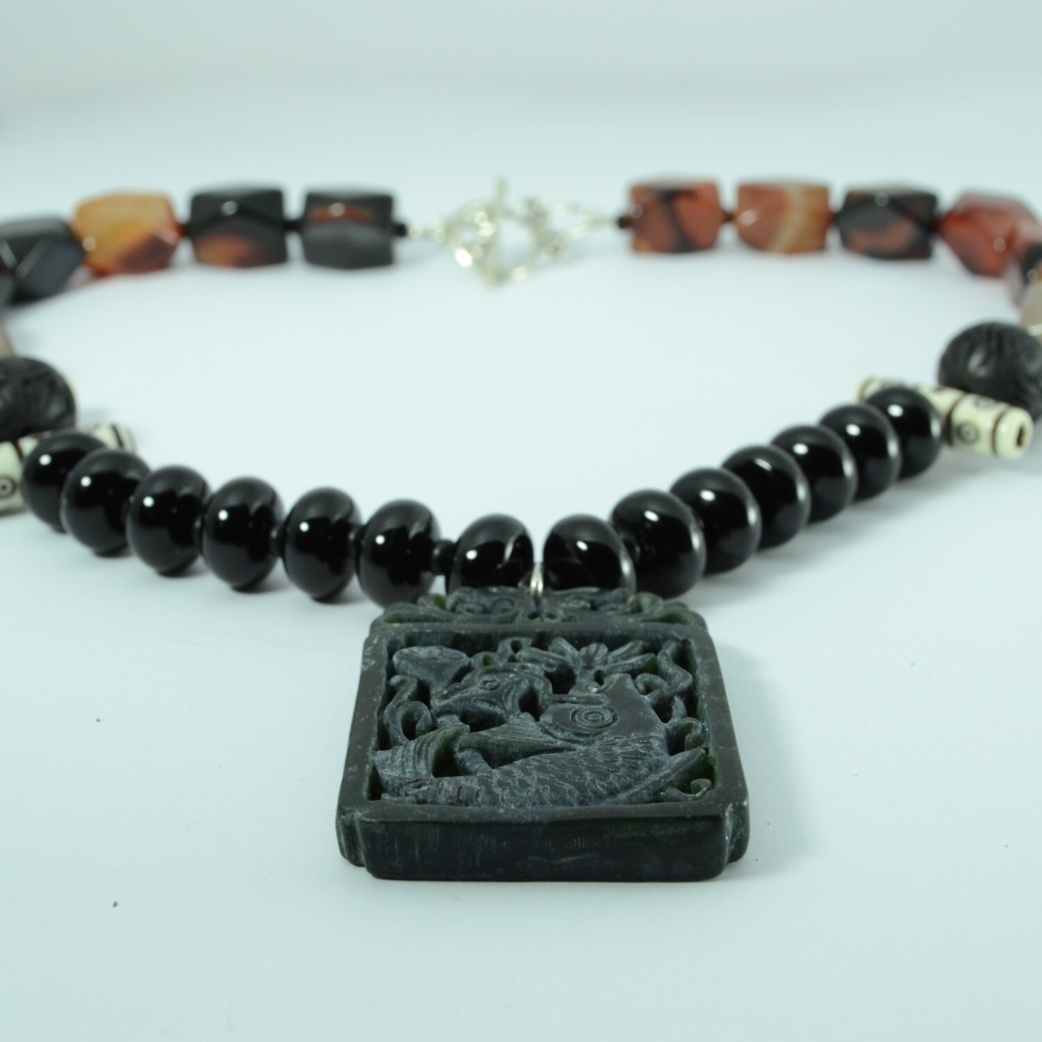 Black Carved Jade Pendant Necklace Etsy