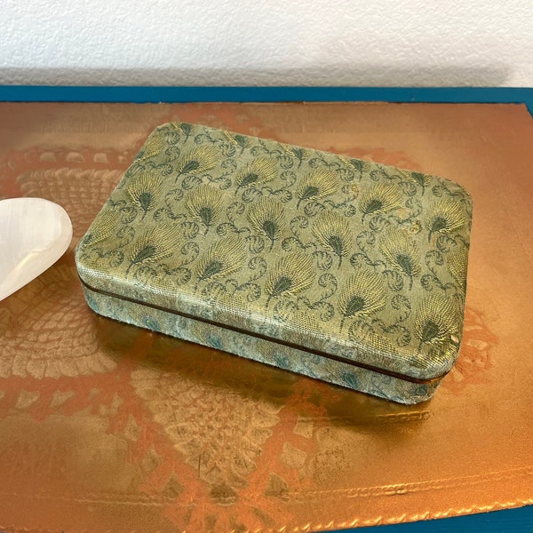 Vintage Peacock Feather Moire Cloth Covered Jewelry Box