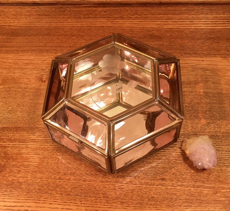 Vintage Pink Glass And Brass Curio Box With Etched Flower Mirror