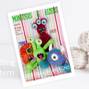 May include: Knitting pattern for four colourful monster toys: Thingy, Zog, Bogie, and Pod. The pattern is by Debi Birkin Designs and uses 2.75 mm, 2.5 mm, and 4 mm needles. DK and textured yarns are recommended.