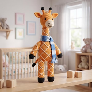 Könnte beinhalten: Ein gestricktes Giraffen-Stofftier mit orange-weißem Rautenmuster, schwarzen Hufen und einem blau-weiß gestreiften Schal. Die Giraffe hat eine cremefarbene Schnauze, kleine Hörner und einen langen Hals und steht auf einer Holzoberfläche.