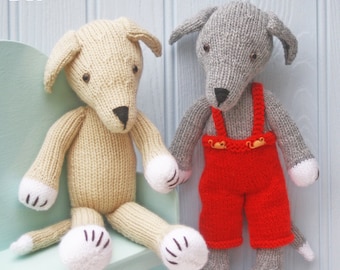 greyhound dog puppy in removeable dungarees PDF email knitting pattern