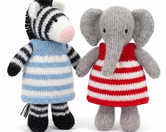 Pocket zebra en olifant speelgoed breipatroon, Debi Birkin-patronen, digitale download pdf, gemakkelijk te breien dierenkonijntjespop voor beginners