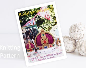 Knitting pattern for crown tea cozy cosy cosies cozies, Debi Birkin Patterns, PDF digital download, Royal, bunny doll,knitting patterns