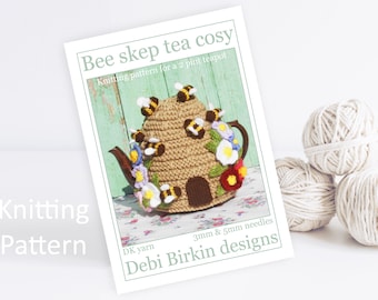 Knitting pattern for tea cozy cosy, cosies, alice wonderland, Debi Birkin Patterns, PDF digital download, beehive, bees, bee skep, gardening