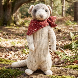 Puede incluir: Un animal de peluche tejido a mano que representa un suricato con hilo de color crema para el cuerpo y una cara de color gris oscuro y blanco. La criatura lleva una bufanda texturizada de color rojo oscuro moteado atada al cuello y ojos de cuentas negras.