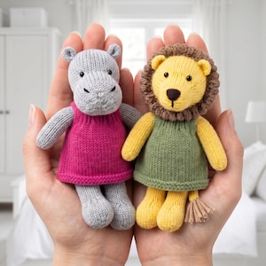 Pocket Hippo & Lion toys knitting pattern, Debi Birkin Patterns, PDF digital download, easy knit beginners  animal bunny doll