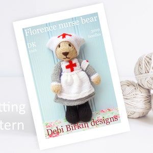 Stickmönster för sjuksköterska, Debi Birkin-mönster, PDF digital nedladdning, stickmönster för leksaksmönster, bomullskaniner, stickad nallebjörn med djurleksaker