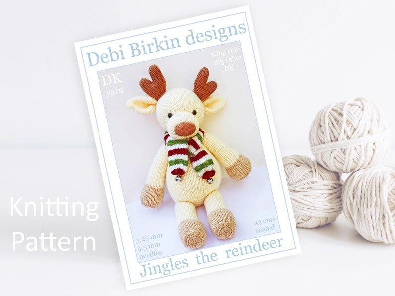 Knitting pattern for reindeer, Debi Birkin Patterns, PDF digital download, toy knitting pattern, cotton rabbits, animal moose deer bambi image 1