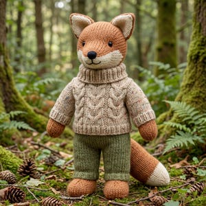 May include: A knitted fox plush toy featuring a brown and cream face with a black nose. The fox wears a beige cable-knit turtleneck sweater with subtle multicolored flecks and solid olive green knitted pants, with a long bushy tail.