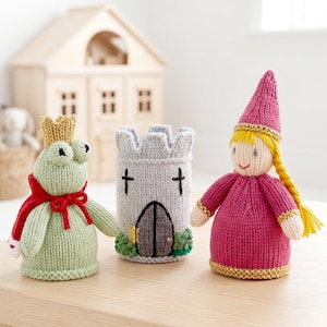 EGG COSIES Knitting pattern for frog, princess, Debi Birkin Patterns, PDF digital download frog fairytale fairy, knitted egg cozy toy castle