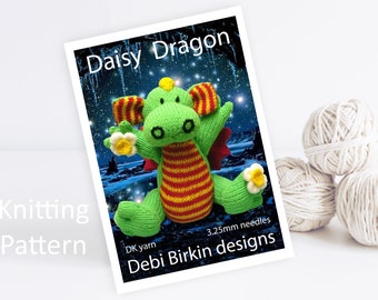 Knitting pattern for dragon, Debi Birkin Patterns, PDF digital download, toy knitting pattern, cotton rabbits, animal, toys reptile dinosaur