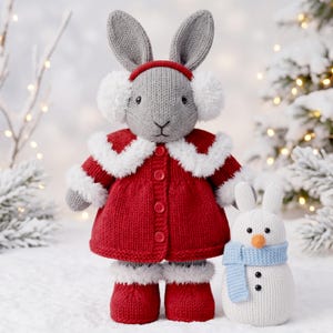 May include: A grey knitted rabbit doll wearing a red coat with white faux fur trim, red boots, and white earmuffs, standing next to a small white knitted snowman figure with a light blue scarf and an orange nose, both featuring black button eyes.