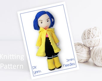 Knitting pattern for Coraline doll, Debi Birkin Patterns, PDF digital download, bunny, doll knitting patterns, cotton rabbit pattern, dolls