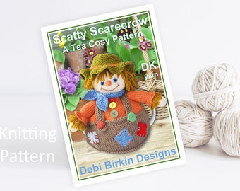 Knitting pattern for tea cozy cosy, cosies, scarecrow, Debi Birkin Patterns, PDF digital download, beehive, bees, farm, gardening, birds