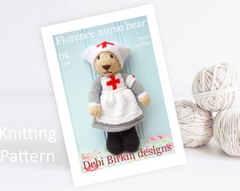 Knitting pattern for nurse, Debi Birkin Patterns, PDF digital download toy knitting pattern, cotton rabbits, bunny knitting patterns clothes