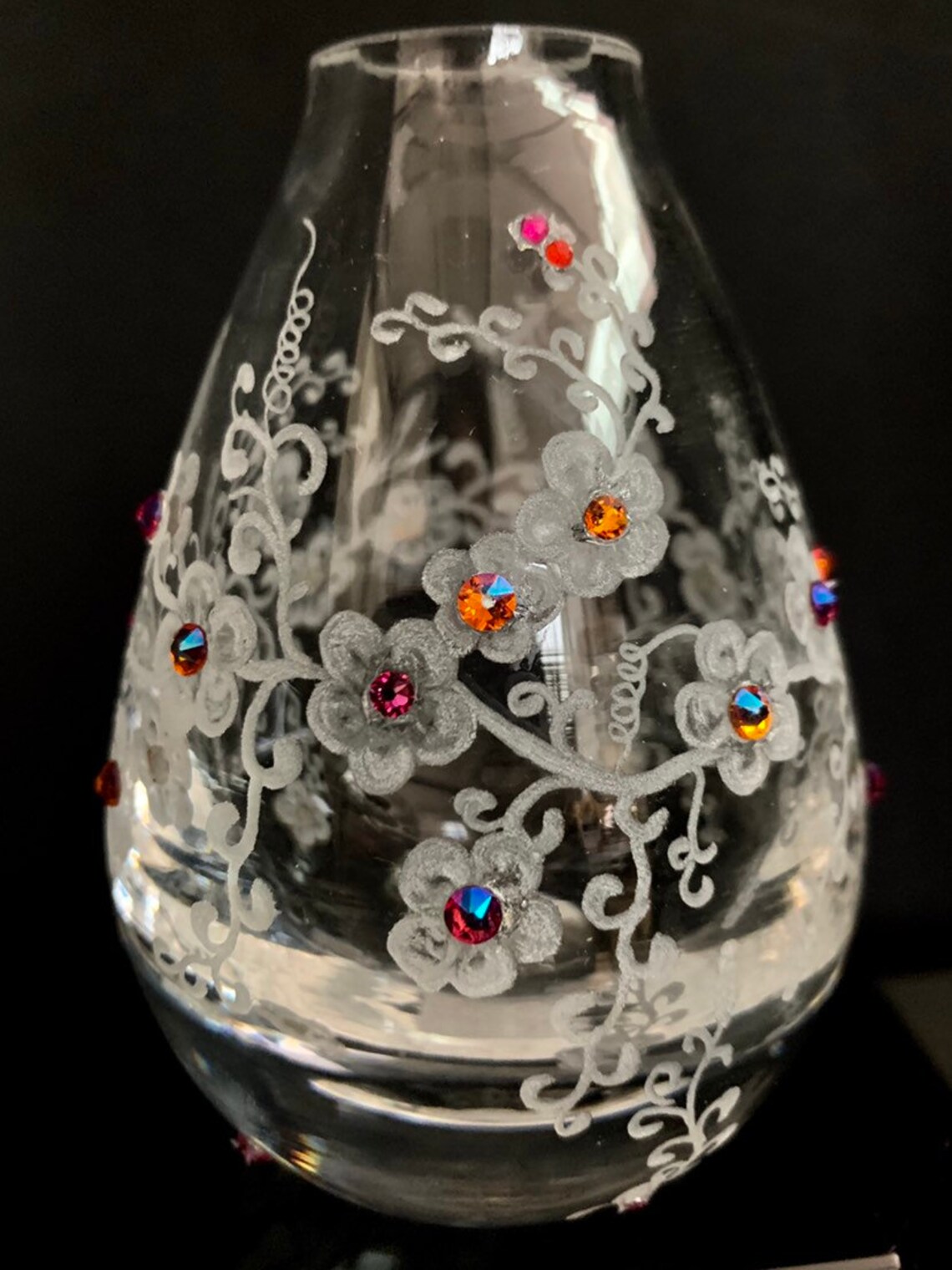 Hand Engraved Floral Vase, Engraved Glass, Flower Vase, Etched Flowers