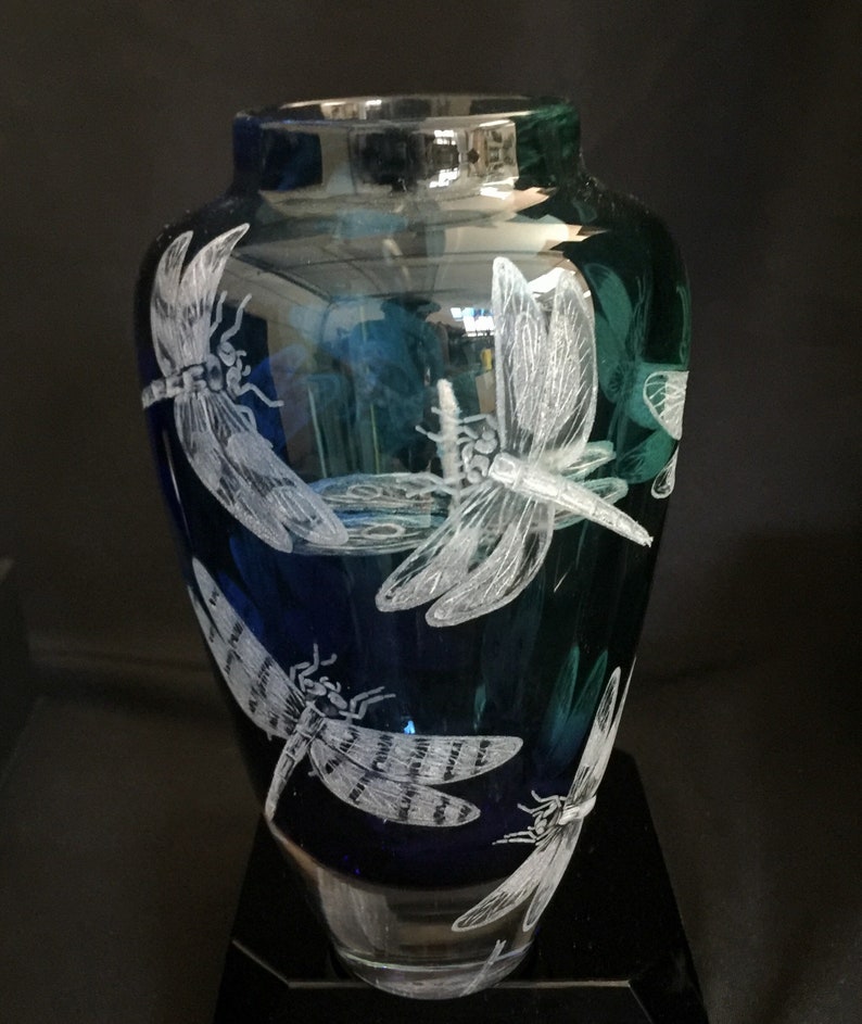 Hand Engraved Glass Vase, Dragonflies, Art Glass, Engraved, Weddings