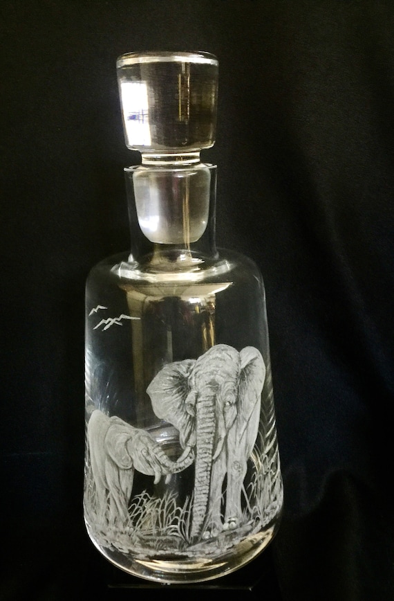 Hand Engraved Decanter engraved Elephant, baby Elephant, Barware, Decanter, Home Decor, Fathers Day, Wedding Gifts