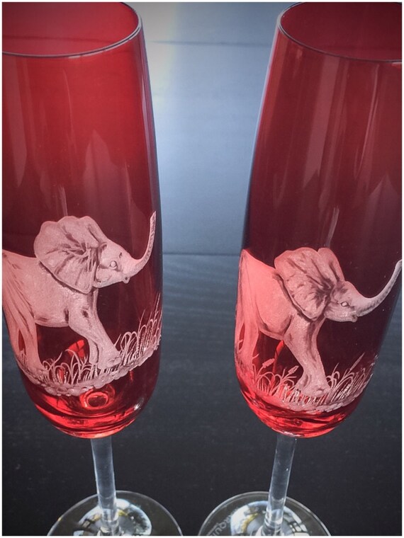 Hand Engraved Waterford Champagne Flute Elephants, champagne flutes elephant etched, toasting flutes etched, house warming gift, African Art