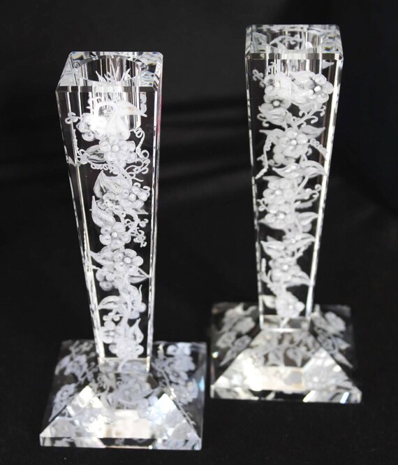 Hand Engraved Candlesticks, Oleg Cassini, Engraved Glass, Crystal Candlesticks, Etched Glass, Home Decor Centerpiece