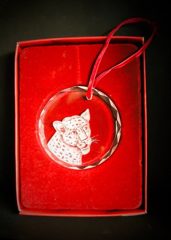 Crystal ornament,HandEngraved, Engraved, engraved glass, gifts, valentine, boxed, love, personalized, bespoke, leopard