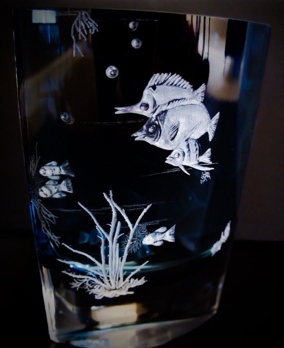 Hand Engraved Coral Fish Vase, Fish, oceanic, Home Decor, Art Glass, Engraved